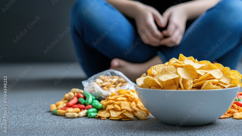 A person sits cross-legged on the floor with a variety of snacks in front, AI A person sits cross-legged on the floor with a variety of snacks in front, AI