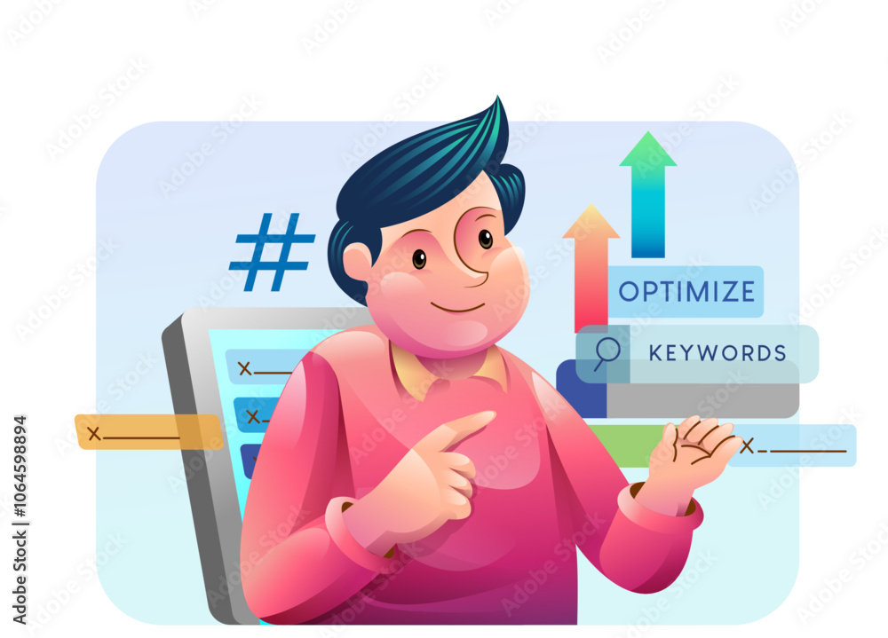 Seo analysis modern flat concept for web banner design. Man analyst studies data, selects keywords and optimizes site for popular search queries.