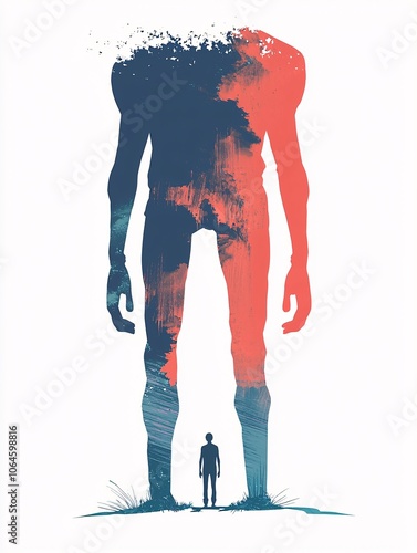 Illustration of gigantism featuring oversized human figures in a stylized setting, presented from a frontal view against a white background.