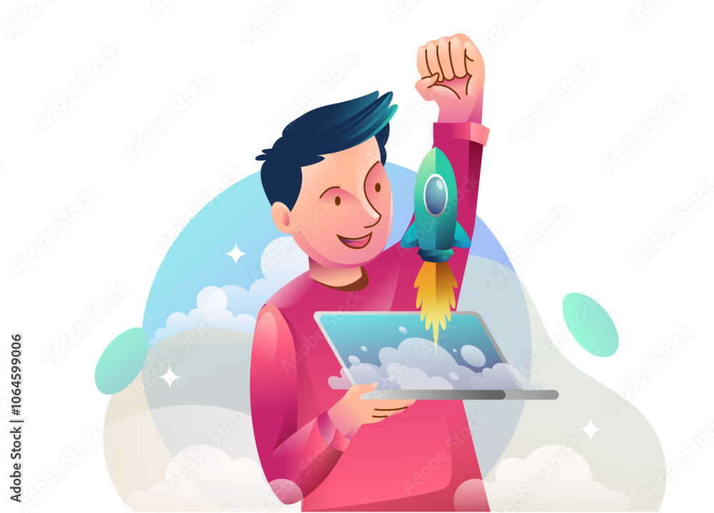 Business concept illustrations. Startup Business, Successful startup management, online communication, e-commerce, project management, finance and marketing.