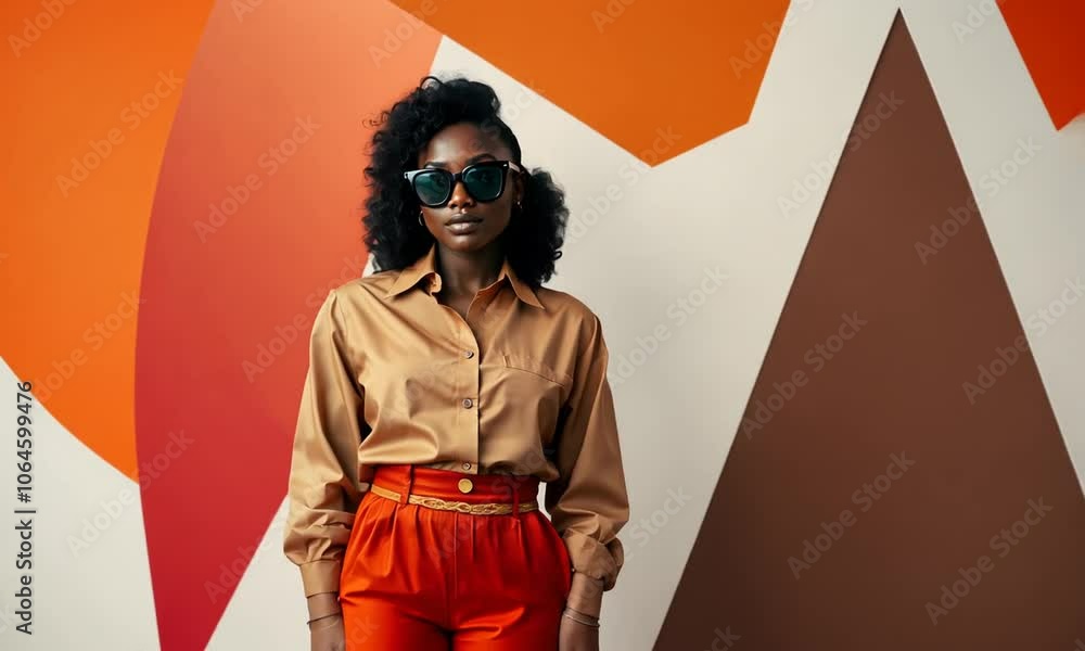 A stylish woman poses confidently against a vibrant abstract mural in an urban setting during daylight A stylish woman poses confidently against a vibrant abstract mural in an urban setting during daylight