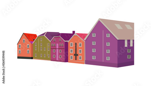 Vector clipart with houses in european, scandinavian style. Isolated suburb, city real estate with panoramic facade view graphic