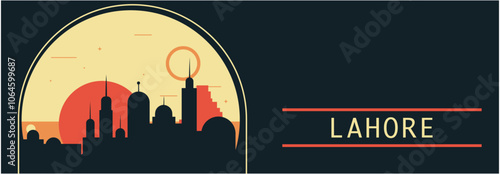 Lahore city retro style vector banner with skyline, cityscape. Pakistan vintage horizontal illustration. Travel long layout for web, presentation, header, footer, infographics