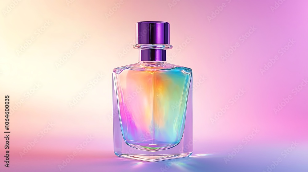 Iridescent Perfume Bottle on Pastel Background Iridescent Perfume Bottle on Pastel Background