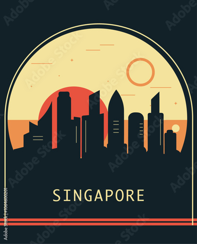 Singapore city retro style poster with skyline, cityscape. Asian vintage vector illustration. Travel front cover, brochure, flyer, leaflet template, layout image