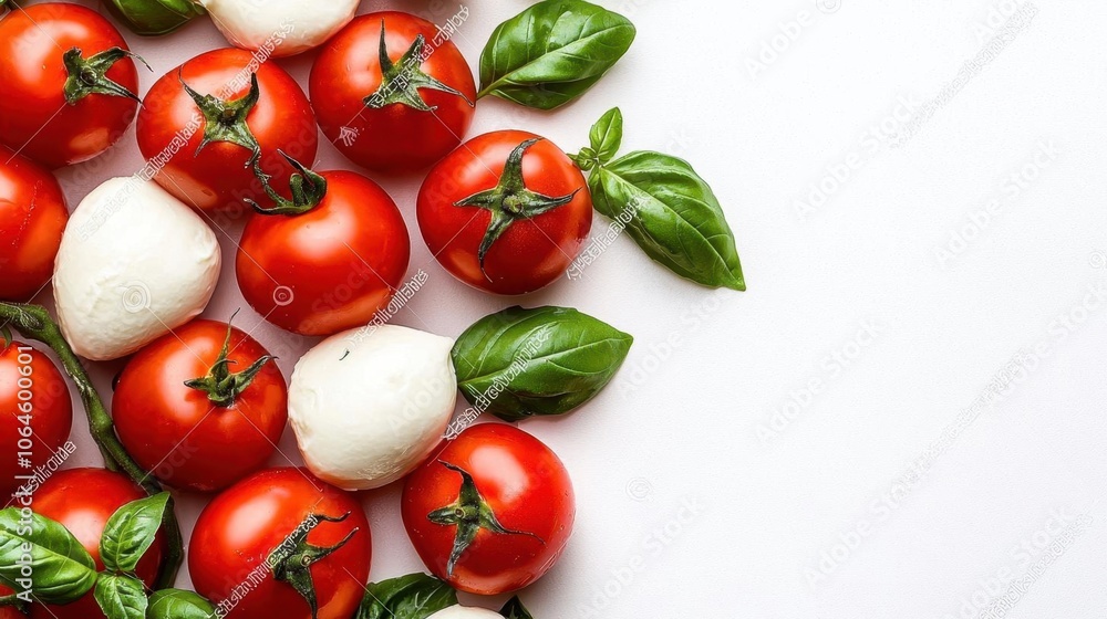 A photostock of cherry tomatoes with mozzarella and basil leaves on a white background, fresh and appetizing. A photostock of cherry tomatoes with mozzarella and basil leaves on a white background, fresh and appetizing.