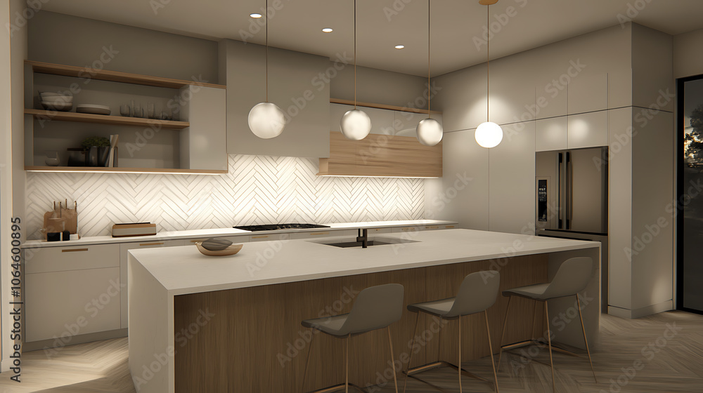 3d render of modern kitchen in a loft style with wood panels 3d render of modern kitchen in a loft style with wood panels
