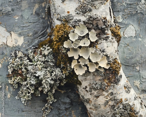 The image features detailed textures of lichen growing on a tree bark, showcasing nature's intricate patterns and muted colors. photo