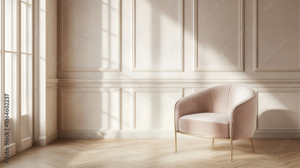 優雅なベージュの空間とピンクのラウンジチェア | Elegant Beige Room with a Pink Lounge Chair 優雅なベージュの空間とピンクのラウンジチェア | Elegant Beige Room with a Pink Lounge Chair