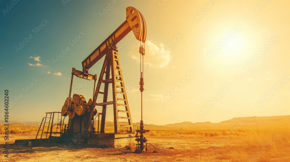 Oil Drill in Desert Landscape Under Bright Sunlight Oil Drill in Desert Landscape Under Bright Sunlight