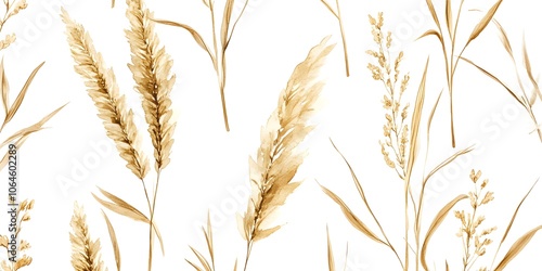 Golden Watercolor Grass Seamless Pattern