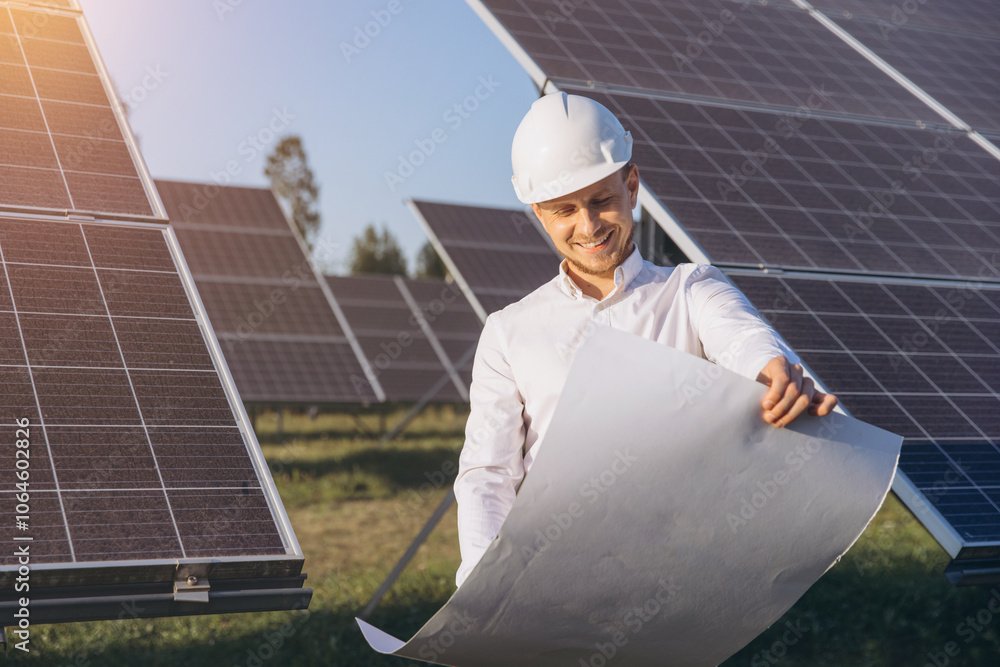 Engineer Analyzing Solar Panel Layout at Renewable Energy Field Engineer Analyzing Solar Panel Layout at Renewable Energy Field