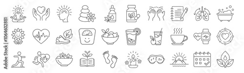 Wellness, Self-Care line icon set. Vector pictograms of mental clarity, fitness, nutrition, relaxation, meditation, mental health, stress relief, body-mind connection thin linear illustration.