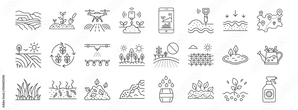 Soil Regeneration, Sustainable Agriculture line icon set. Vector pictograms of irrigation systems, erosion control, nutrient management, AI-based agricultural tools, thin linear illustration. Soil Regeneration, Sustainable Agriculture line icon set. Vector pictograms of irrigation systems, erosion control, nutrient management, AI-based agricultural tools, thin linear illustration.