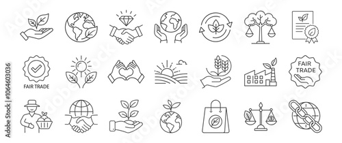 Fair Trade, Sustainability line icon set. Vector pictograms of ethical practices, eco-friendly initiatives, global responsibility, thin linear illustration.