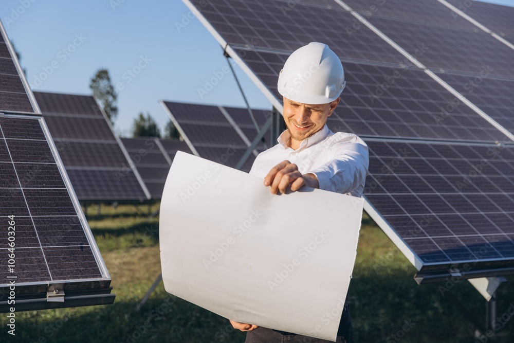 Engineer Reviewing Blueprint at Solar Power Plant Engineer Reviewing Blueprint at Solar Power Plant