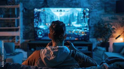 Back view of gamer playing video games on TV screen a first-person shooter game on a console, sitting on a sofa in a modern living room. Esports, competitive gaming photo