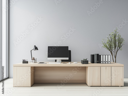 Top view of a minimalist office with a large wooden desk photo