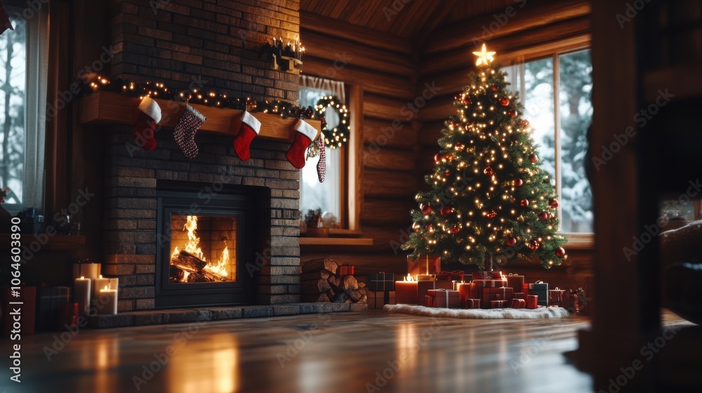 Rustic interior with a glowing Christmas tree and a cozy wood-burning fireplace. Rustic interior with a glowing Christmas tree and a cozy wood-burning fireplace.