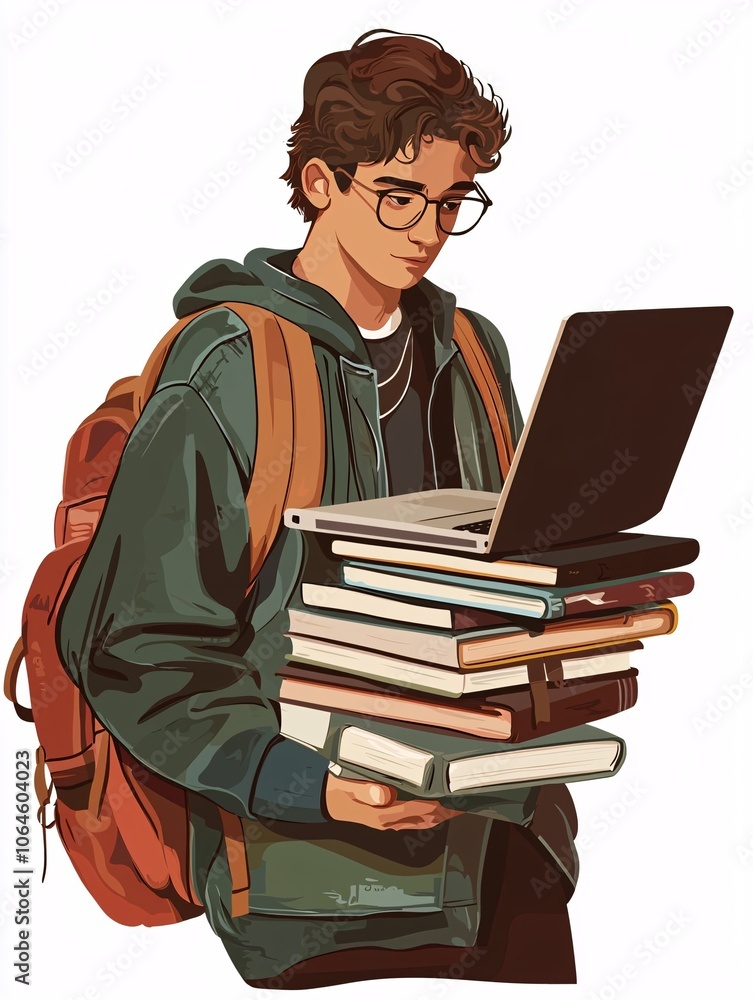 Front view illustration of a student with glasses, holding a stack of books and using a laptop, set against a white background. Front view illustration of a student with glasses, holding a stack of books and using a laptop, set against a white background.