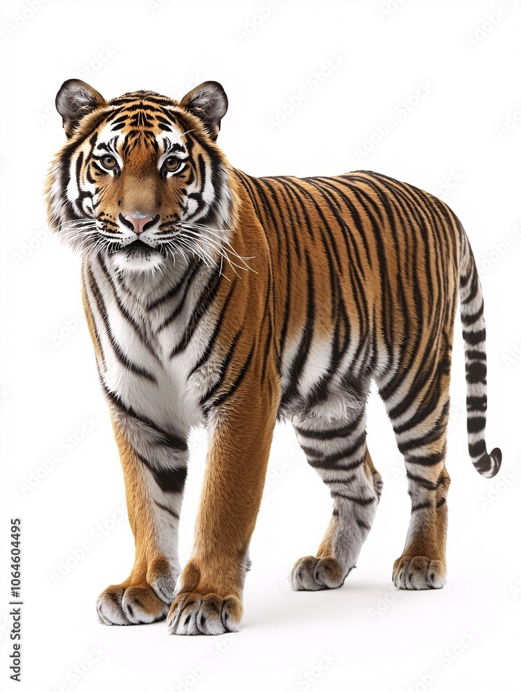 Obraz premium Majestic tiger in an eye-catching design featuring intricate stripes and a captivating gaze on a white background.