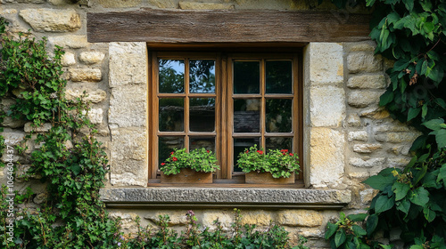 Two windows with wooden frames sit on a stone wall. The windows are open, letting in the sunlight and casting shadows on the wall photo