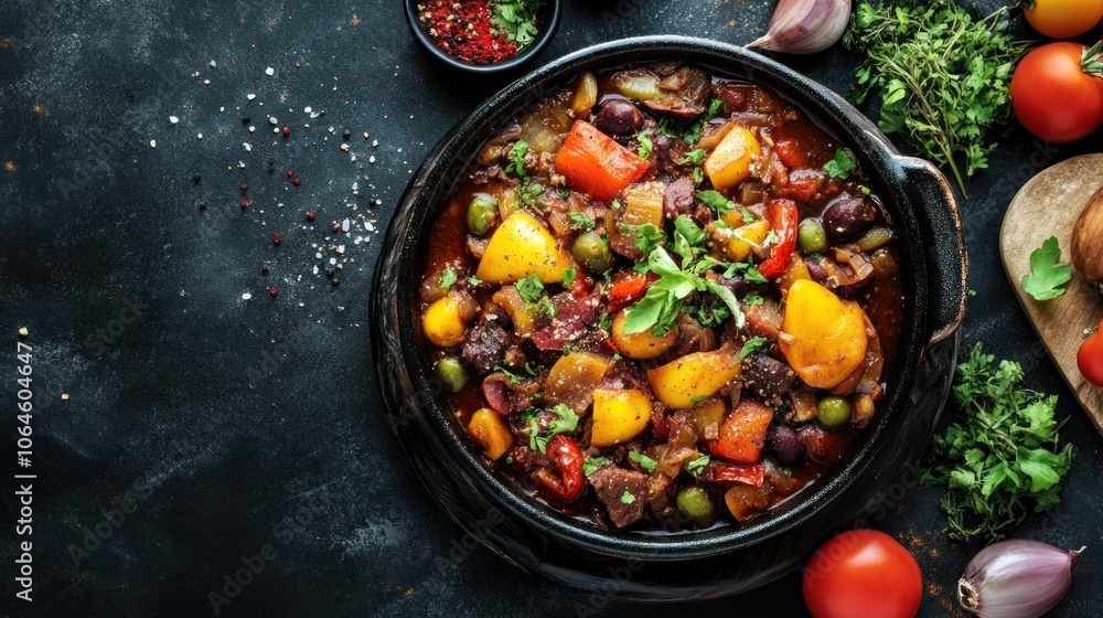 A vibrant vegetable stew served in a rustic pot, garnished with herbs and spices. A vibrant vegetable stew served in a rustic pot, garnished with herbs and spices.