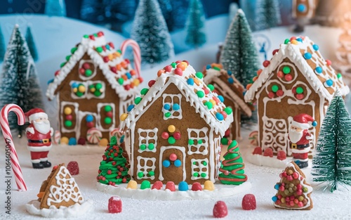 Gingerbread houses decorated with colorful candies and icing in a snowy winter scene.