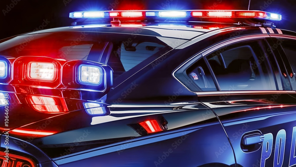 Red and blue light flasher. Police car at night time in the city Red and blue light flasher. Police car at night time in the city