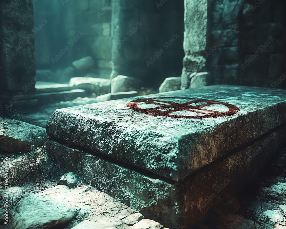 Ancient stone altar with mysterious symbol in dimly lit ruins, evoking ...