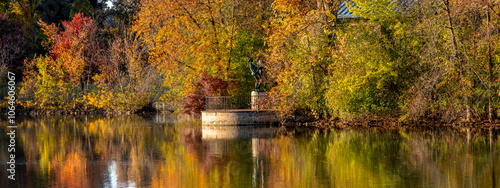 Panoramic view of tree reflections in autumn time at Cranbrook Gardens in Michigan. photo