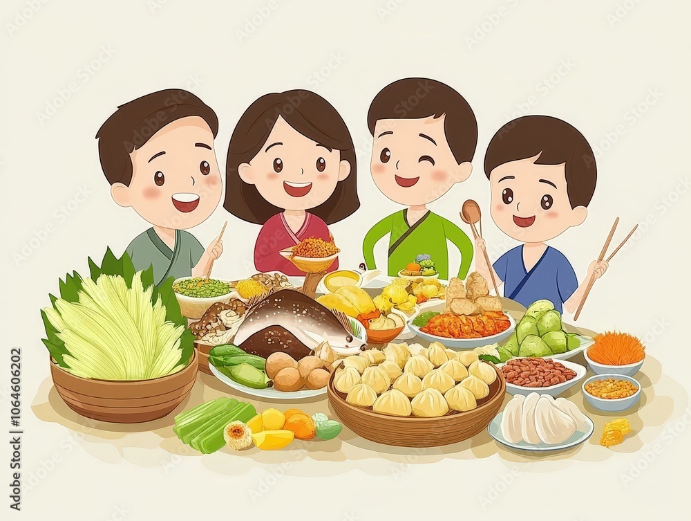 Family Gathering Around a Table Filled with Delicious Food. Family Gathering Around a Table Filled with Delicious Food.