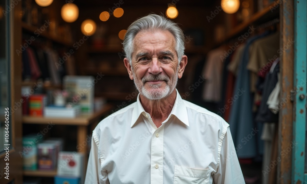 An elderly man with a kind smile stands confidently in front of a shop, wearing a white shirt. Warm lighting and cozy ambiance reflect the setting, possibly in a boutique or local store An elderly man with a kind smile stands confidently in front of a shop, wearing a white shirt. Warm lighting and cozy ambiance reflect the setting, possibly in a boutique or local store