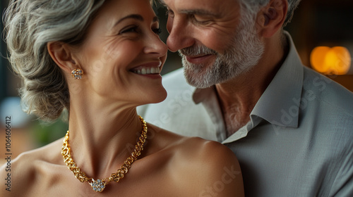 Senior woman receiving a beautiful gold necklace from her husband, both smiling and embracing the moment. This prompt emphasizes the joy of giving and receiving luxury jewelry, hig photo