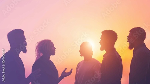 Silhouetted group of five people engaging in conversation against a vibrant sunset backdrop at twilight.