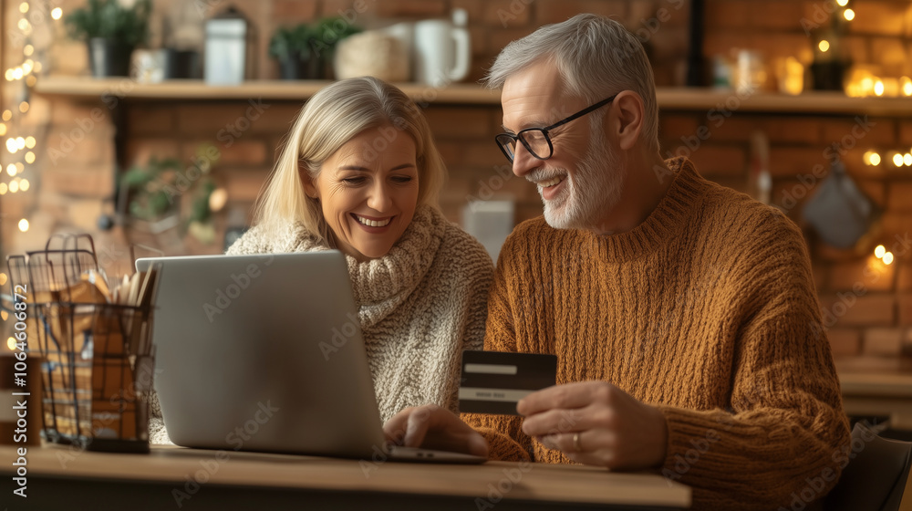 Mature senior couple happily browsing online stores on a laptop, with the woman focusing on their shopping cart while the man prepares to make a payment with their credit card. Thi Mature senior couple happily browsing online stores on a laptop, with the woman focusing on their shopping cart while the man prepares to make a payment with their credit card. Thi