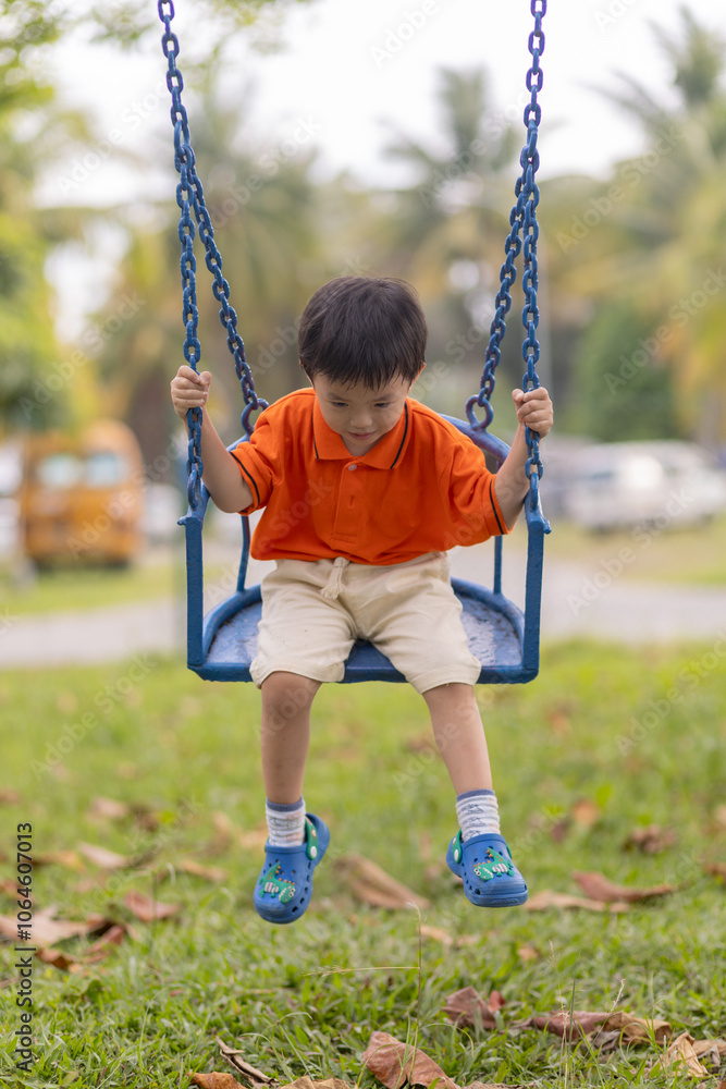 Joyful child swinging in the park at sunset
