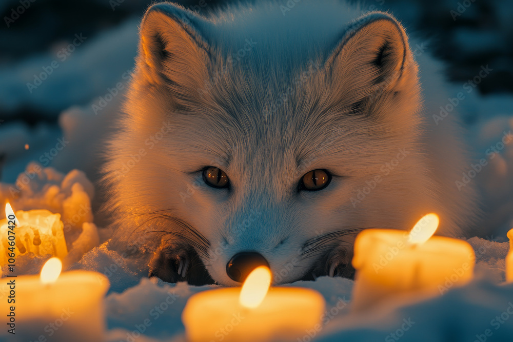 Naklejka premium Closeup of an Arctic Fox next to candlelight in snow illuminating the head of the beautiful white animal