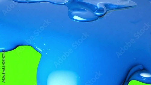  Blue paint drips on green screen background, 3D animation. generative ai