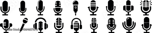 Microphone icons collection showcasing diverse designs in black silhouettes. Perfect for audio, podcast, recording, and music-themed projects. Simple and stylish icons for media, sound, and voice