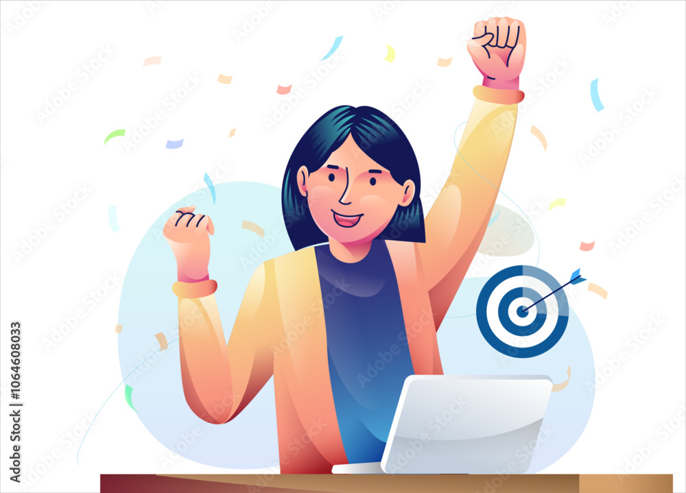 Business goal celebrating. Celebrating success and victory. Concept of win, achievement and luck. Winners rejoicing their triumph. Modern flat design illustration.