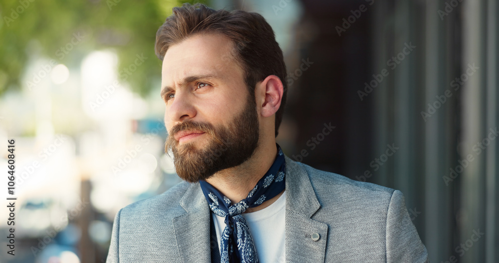 Naklejka premium Businessman, vision and thinking with balcony in real estate agency for ideas, planning and company. Male person, brainstorming and mindful as employee, realtor and professional in office building