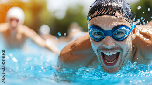 Swimmers compete in exciting relay race at outdoor pool photo