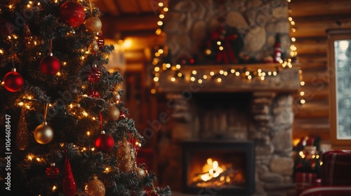 Wooden interior with a Christmas tree decorated with red and gold lights and a stone hearth.