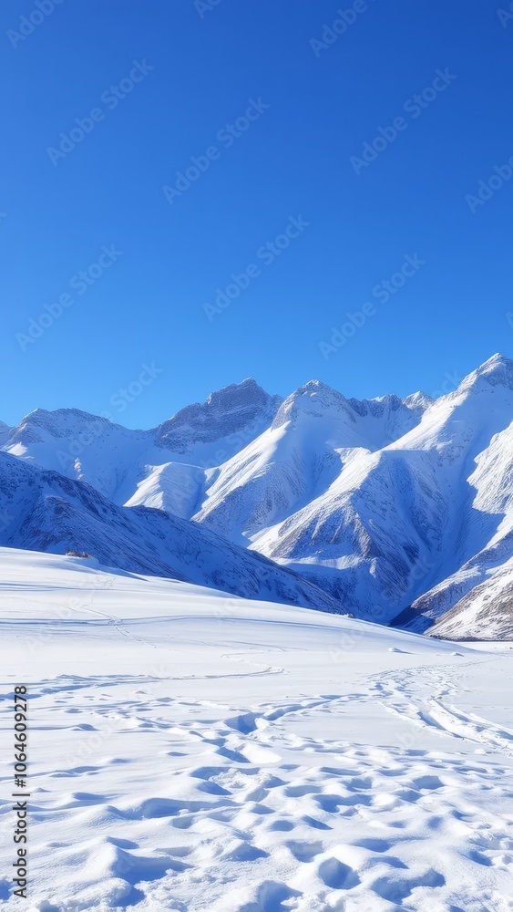 Snow-covered mountains under a clear blue sky with footprints in the foreground Snow-covered mountains under a clear blue sky with footprints in the foreground