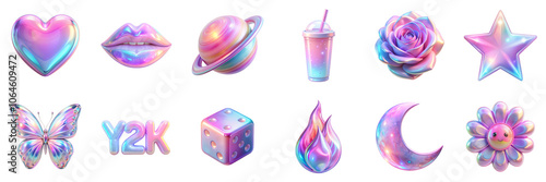 Y2K themed holographic icons isolated on transparent background. Includes heart, lips, planet, drink, rose, star, butterfly, dice, flames, moon, 90s 3D elements in png collection