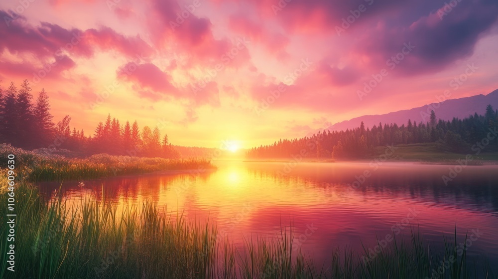 A vibrant sunset casting a warm glow over a tranquil landscape A vibrant sunset casting a warm glow over a tranquil landscape