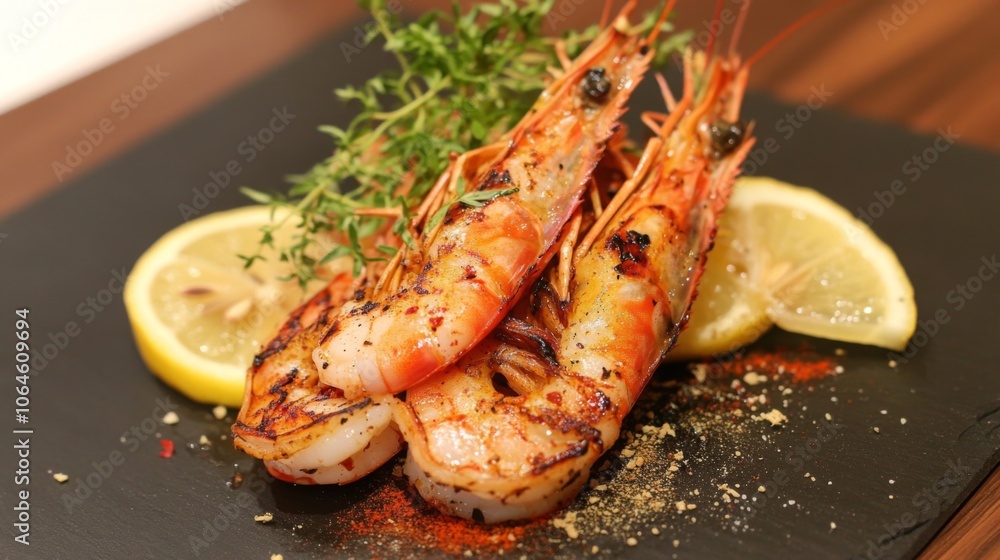 Grilled Shrimp with Lemon and Herbs on Slate Plate Grilled Shrimp with Lemon and Herbs on Slate Plate