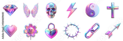 Y2K inspired holographic icons isolated on transparent background. Diamond, wings, skull, lightning, yin-yang, cross, heart lock, chain link, barbed wire, and arrow 90s 3D elements in png collection