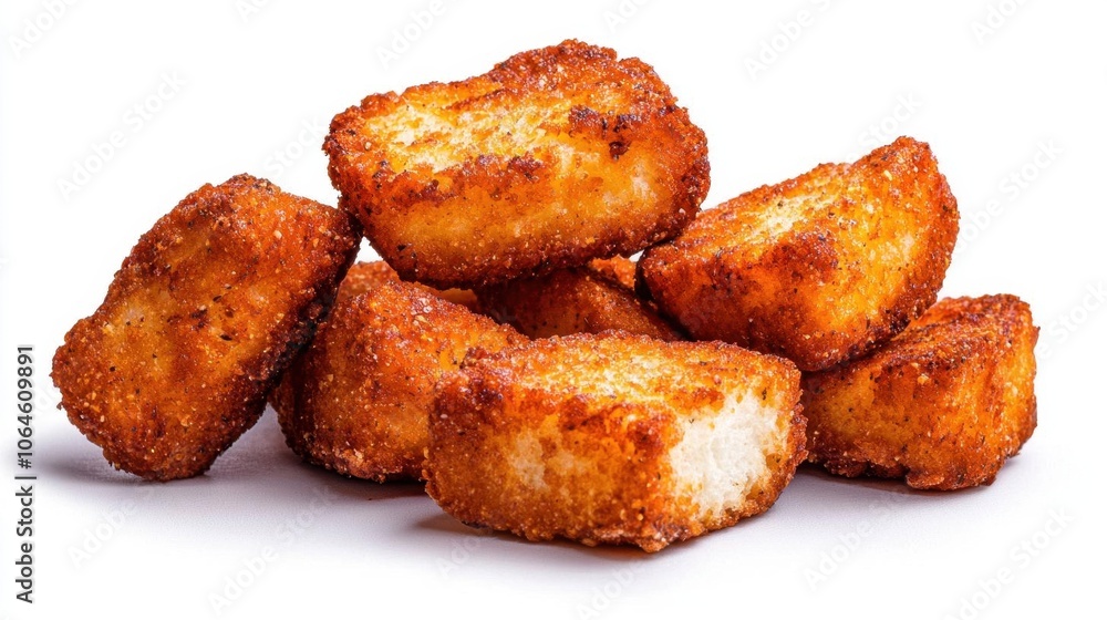 A photostock of kitchen croutons on a white background, crunchy and appetizing. A photostock of kitchen croutons on a white background, crunchy and appetizing.